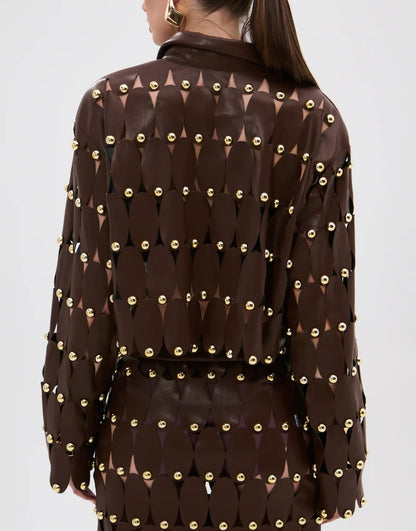 Brown Studded PU Midi Skirt Set