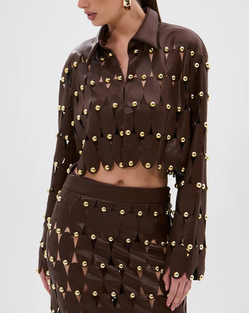 Brown Studded PU Midi Skirt Set
