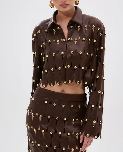 Brown Studded PU Midi Skirt Set