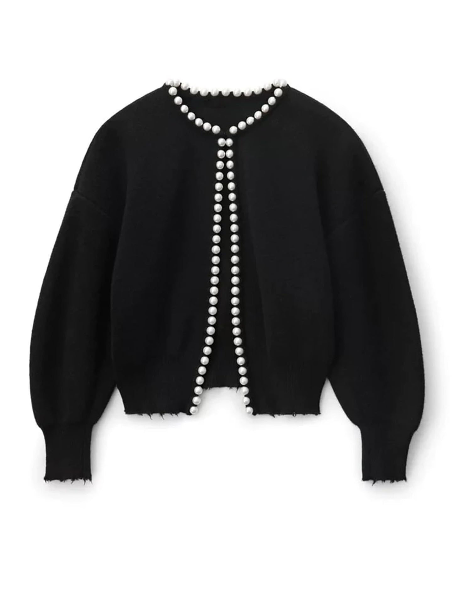 Knitted Cardigan With Beaded Decoration And Irregular Raw Edges