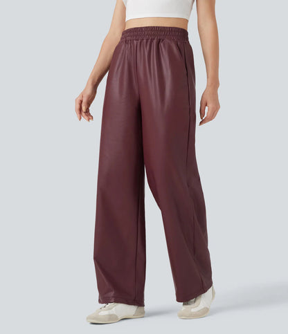 High Waisted Straight Leg Casual PU Leather Pants With Pockets