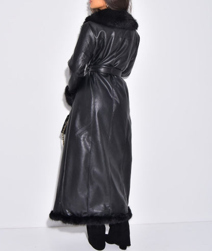 Extra Long Faux Leather Coat With Faux Fur Trim