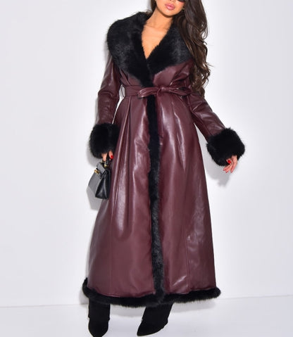 Extra Long Faux Leather Coat With Faux Fur Trim