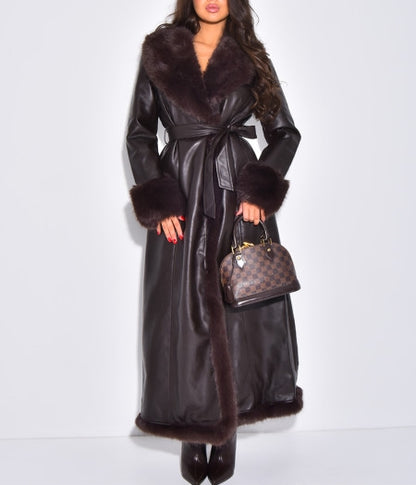 Extra Long Faux Leather Coat With Faux Fur Trim