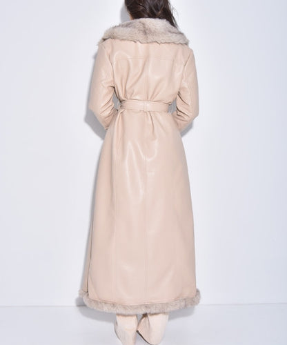 Extra Long Faux Leather Coat With Faux Fur Trim
