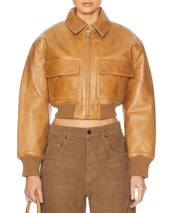 Tan Cropped Leather Bomber Jacket