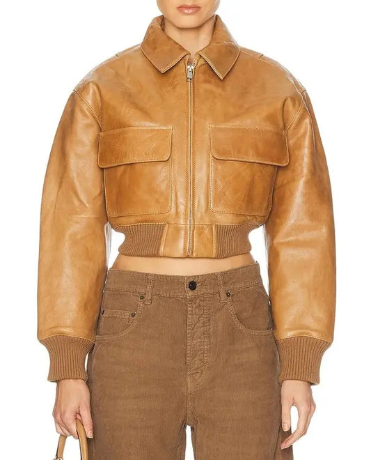 Tan Cropped Leather Bomber Jacket