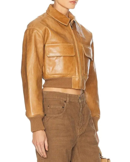 Tan Cropped Leather Bomber Jacket
