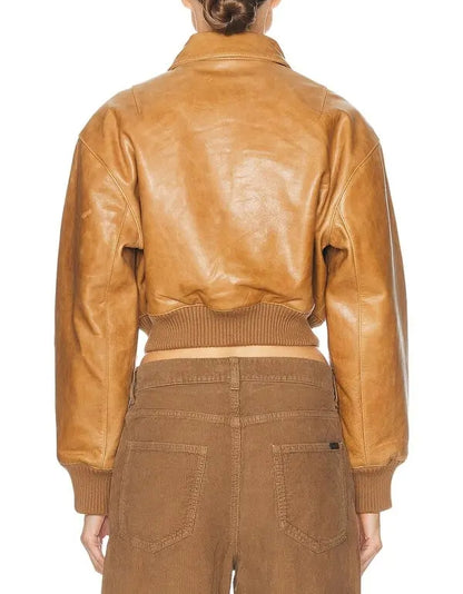 Tan Cropped Leather Bomber Jacket