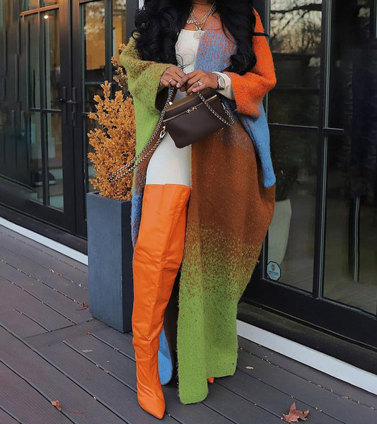 Casual Loose Knitted Long Contrast Color Coat