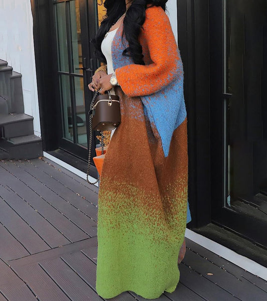 Casual Loose Knitted Long Contrast Color Coat