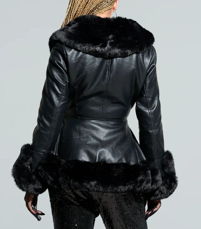Faux Fur Trim Notch Lapel Belted Penny Lane Jacket