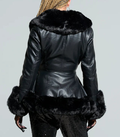 Faux Fur Trim Notch Lapel Belted Penny Lane Jacket
