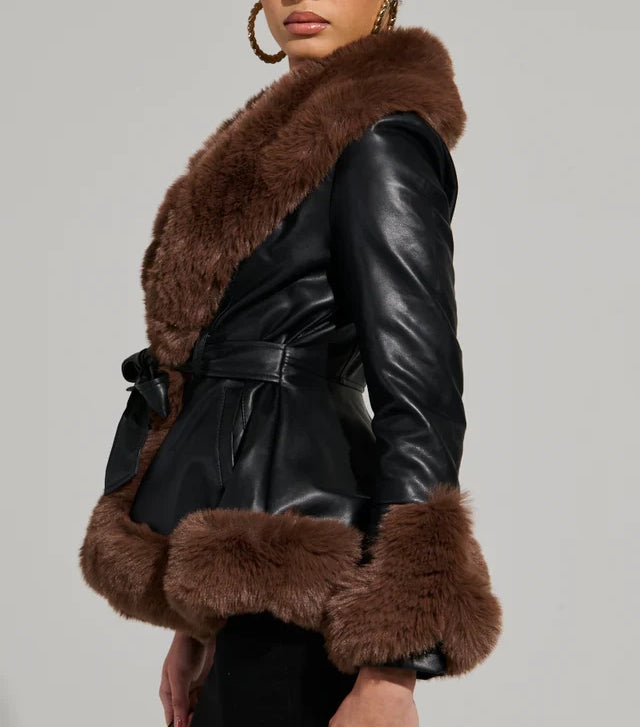 Faux Fur Trim Notch Lapel Belted Penny Lane Jacket