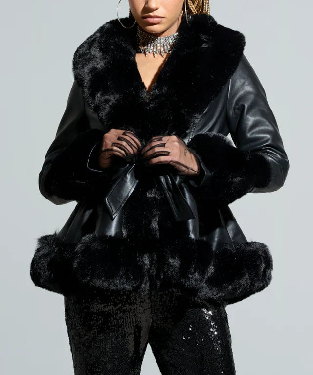 Faux Fur Trim Notch Lapel Belted Penny Lane Jacket