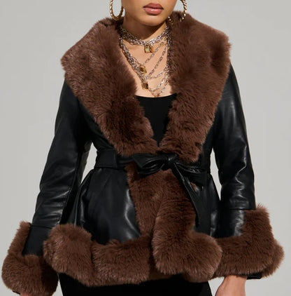 Faux Fur Trim Notch Lapel Belted Penny Lane Jacket