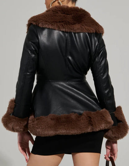 Faux Fur Trim Notch Lapel Belted Penny Lane Jacket