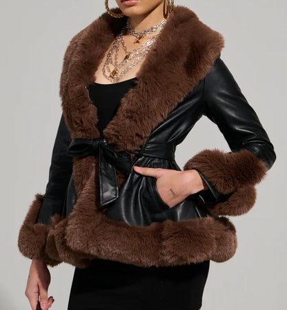 Faux Fur Trim Notch Lapel Belted Penny Lane Jacket