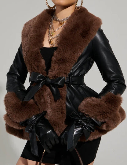 Faux Fur Trim Notch Lapel Belted Penny Lane Jacket