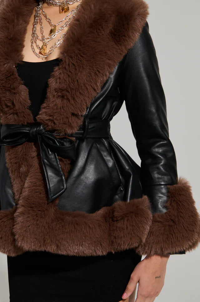 Faux Fur Trim Notch Lapel Belted Penny Lane Jacket