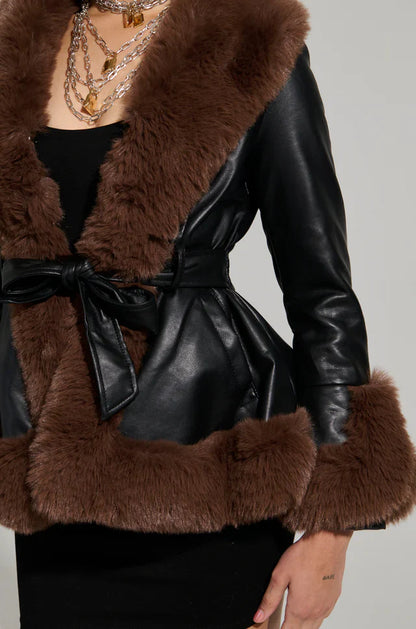 Faux Fur Trim Notch Lapel Belted Penny Lane Jacket
