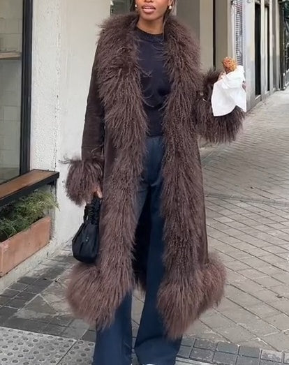 Penny Lane Faux Fur Trim Long Coat