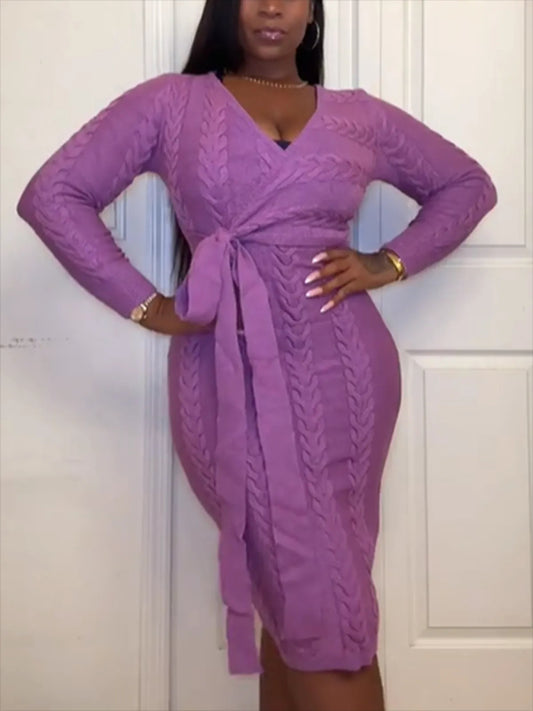 Deep V Neck Textured Long Sleeved Midi Knitted Dress