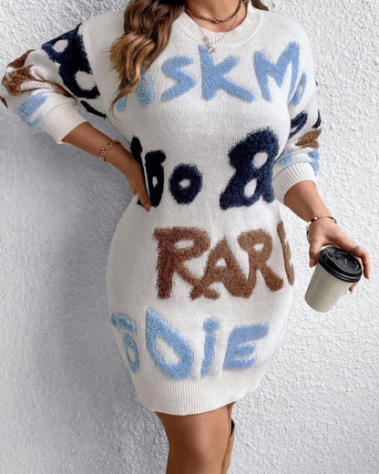Cozy Letter Alphabets Pattern Knit Sweater Dress