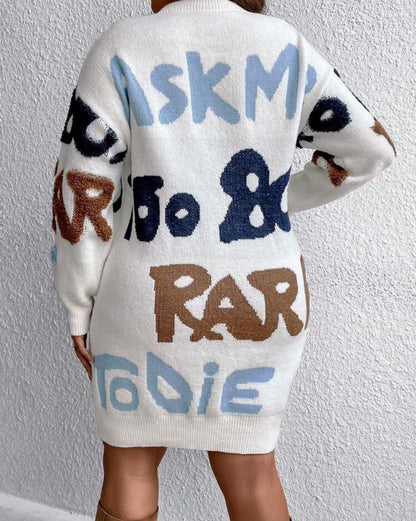 Cozy Letter Alphabets Pattern Knit Sweater Dress