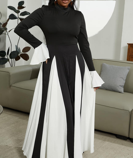 Elegant Long Sleeve Patchwork Pleated Swing Maxi Dress