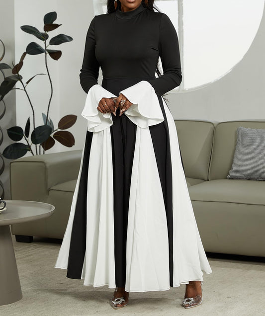 Elegant Long Sleeve Patchwork Pleated Swing Maxi Dress