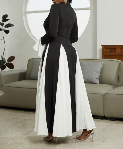 Elegant Long Sleeve Patchwork Pleated Swing Maxi Dress