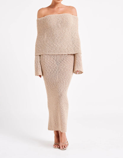 Off Shoulder Boucle Maxi Dress