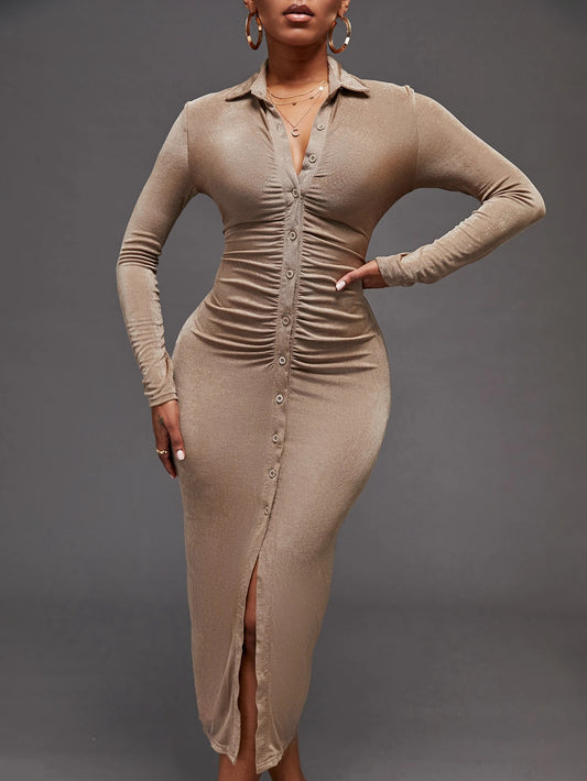 Button Front Ruched Bodycon Dress