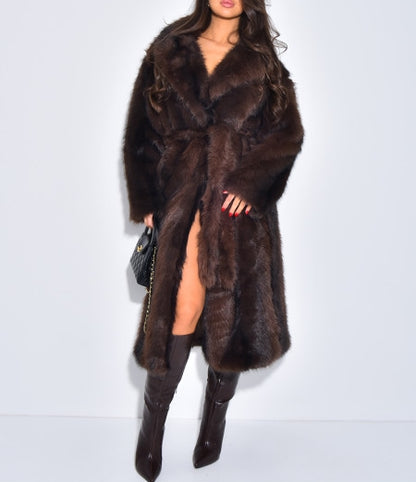 Extra Long Faux Fur Coat With Belt
