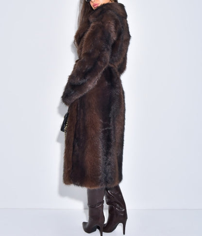 Extra Long Faux Fur Coat With Belt