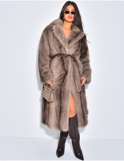 Extra Long Faux Fur Coat With Belt