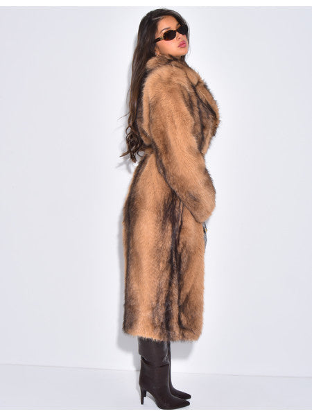 Extra Long Faux Fur Coat With Belt