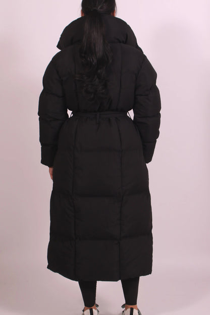 Long Quilted Down Jacket With Belt