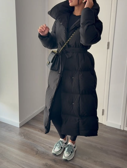 Long Quilted Down Jacket With Belt
