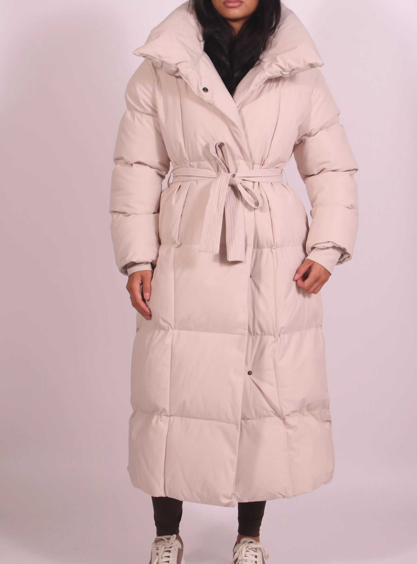Long Quilted Down Jacket With Belt