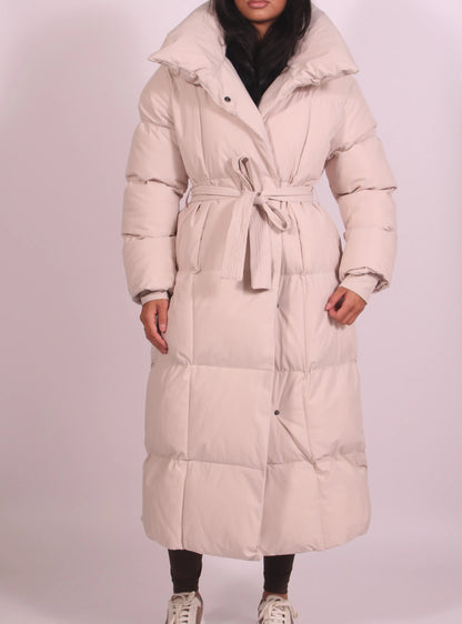 Long Quilted Down Jacket With Belt