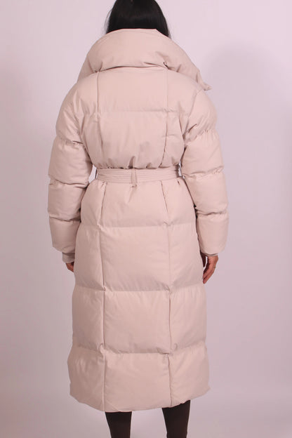 Long Quilted Down Jacket With Belt