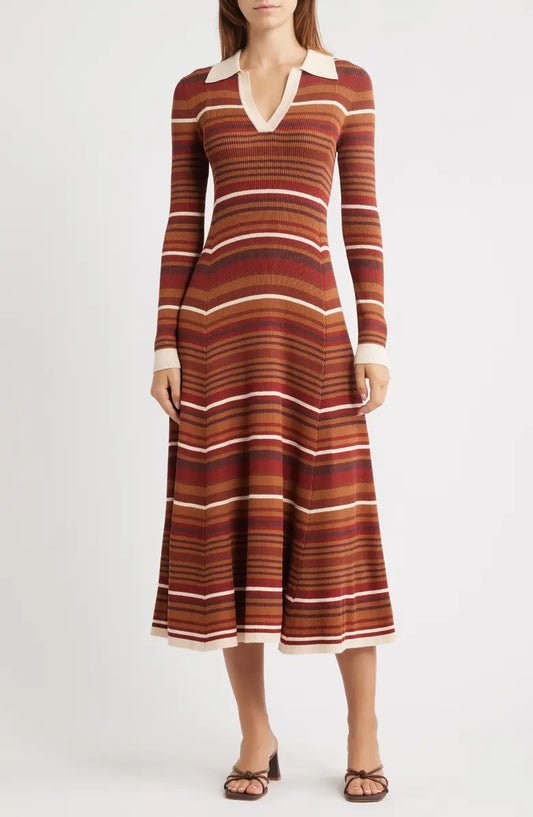 Stripe Long Sleeve Midi Sweater Dress