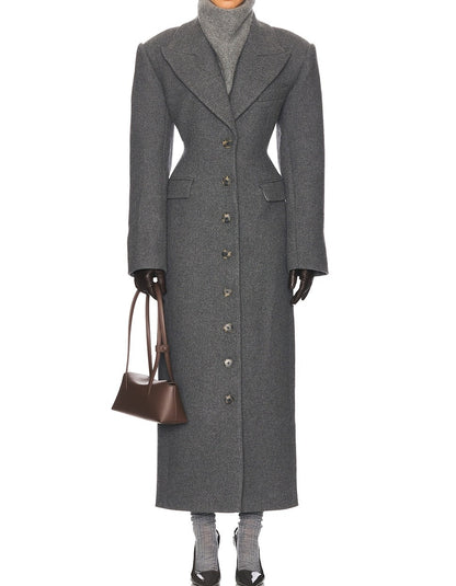 Elegant Lapel Button High Waist Long Wool Blend Coat