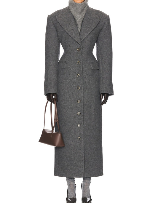 Elegant Lapel Button High Waist Long Wool Blend Coat