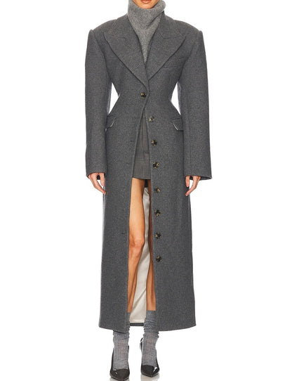 Elegant Lapel Button High Waist Long Wool Blend Coat
