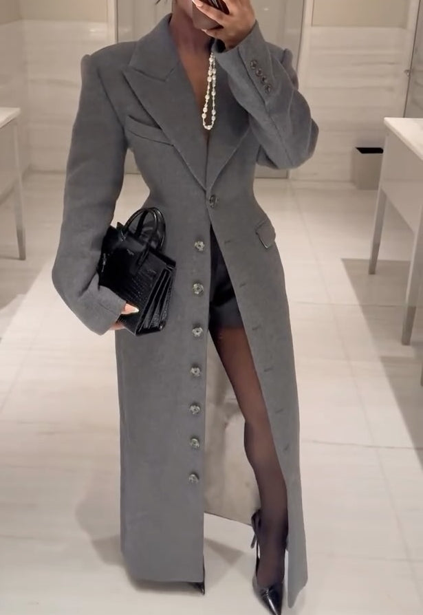 Elegant Lapel Button High Waist Long Wool Blend Coat