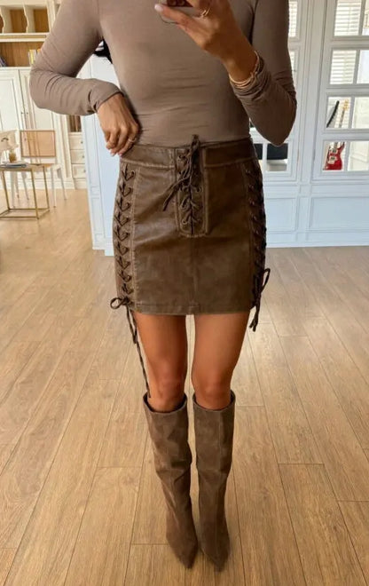 Tan Rope Detailed Faux Leather Skirt
