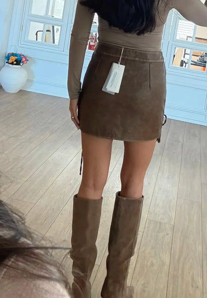 Tan Rope Detailed Faux Leather Skirt